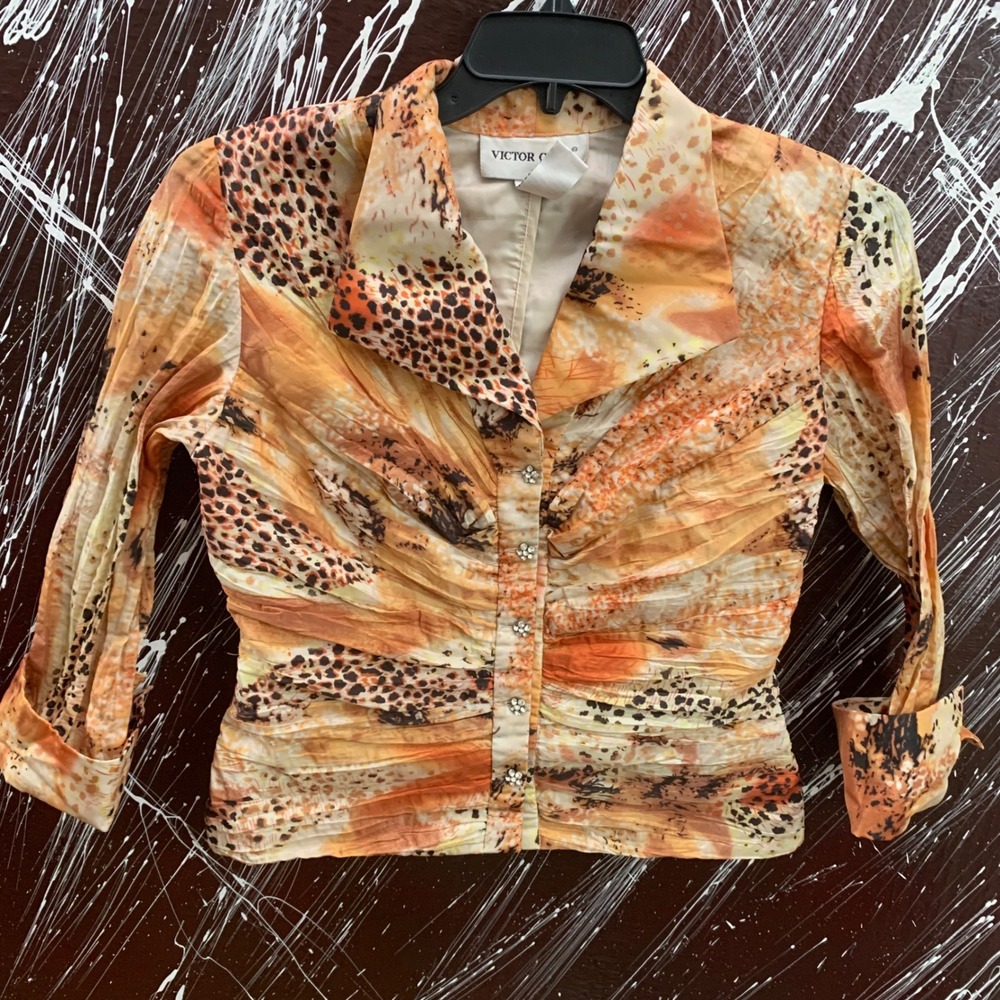 Vintage Victor Costa Animal Print Pleated Blouse Orange Rhinestone Button Size 6